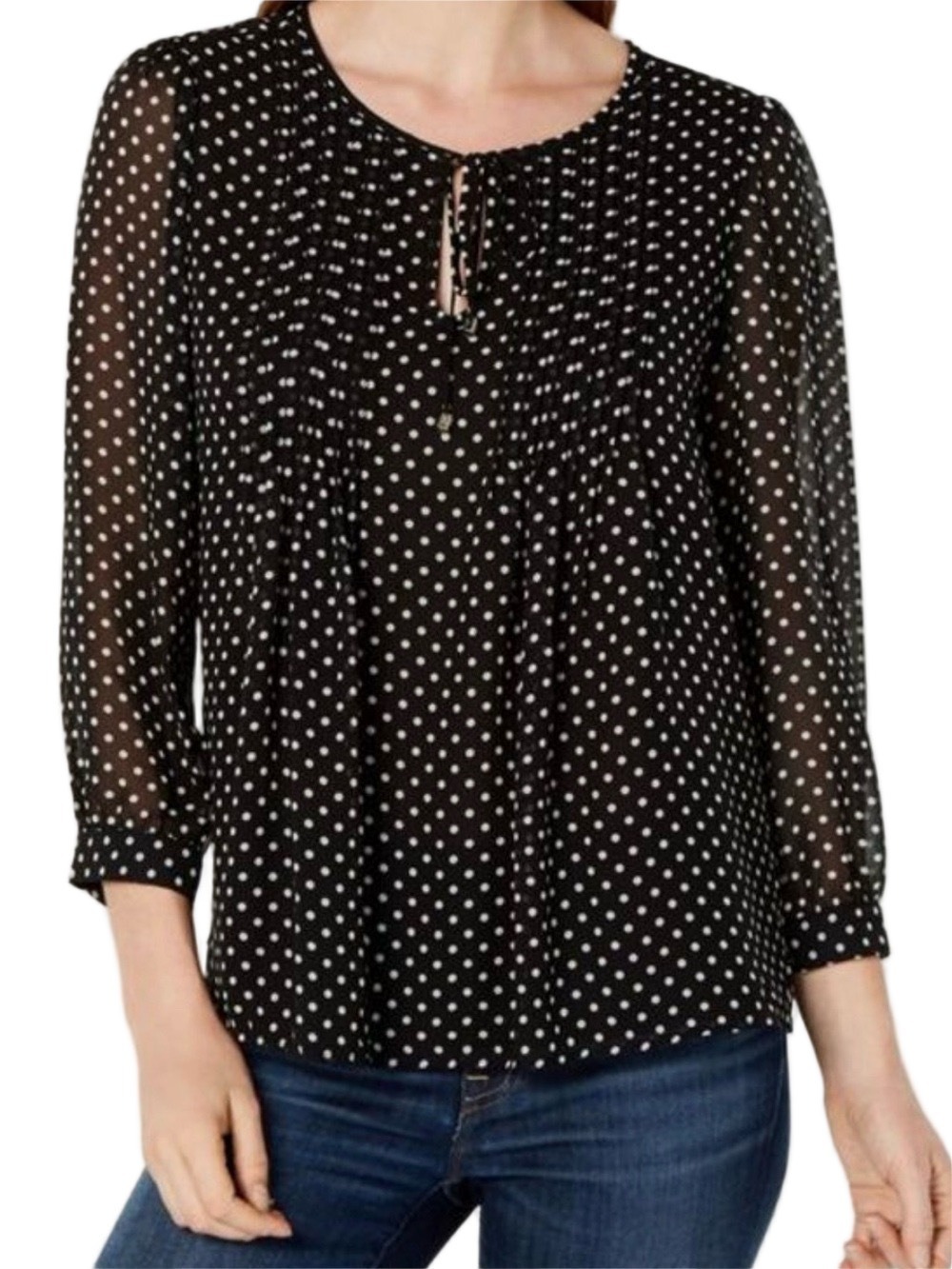 Tommy Hilfiger Black Polka Dot Tie-Front keyhole Blouse Large